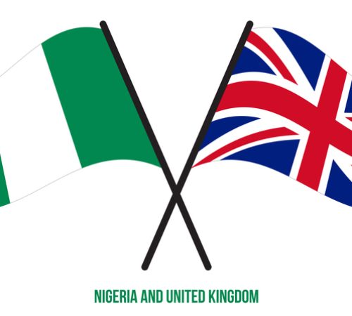 Nigeria and United Kingdom Flags Crossed And Waving Flat Style. Official Proportion. Correct Colors Nigeria and United Kingdom Flags Crossed And Waving Flat Style. Official Proportion. Correct Colors.